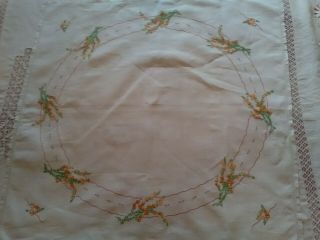 Vintage Linen Table Cover Hand Embroidered Wih Hollyhocks.