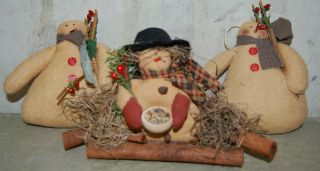 4 Primitive Snowman Christmas Tree Ornaments Tea Stained Decor 6x4 - Folk Art