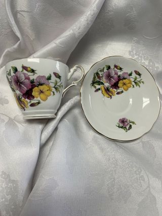 Vintage Bone China Regency Tea Cup Saucer Set Porcelain Violets Gold Trim