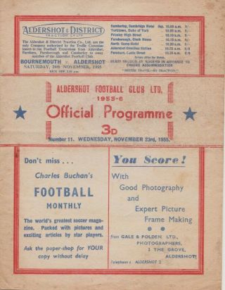 Rare Football Programme Aldershot V Yeovil Town Fa Cup 1st Round Replay 1955