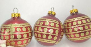 Vintage Christmas Ornament Set Of 3 Mercury Glass Balls Red W/ Gold Glitter Caps