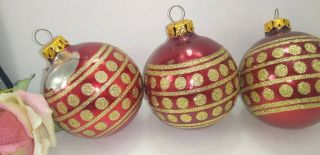 Vintage Christmas Ornament set of 3 Mercury Glass Balls Red w/ Gold Glitter Caps 2