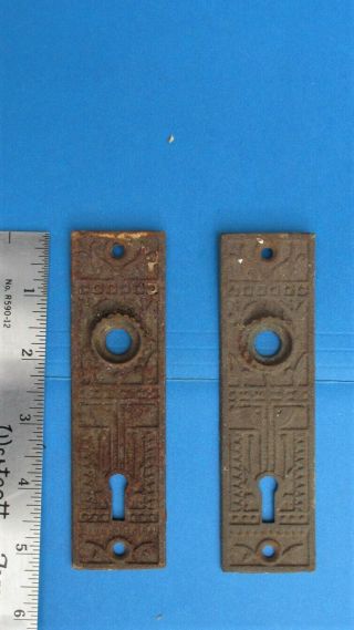 2 Antique Eastlake Cast Iron Door Knob Key Hole Back Plate Covers