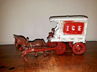 Antique Cast Iron Toy Horse Drawn Ice Wagon With Driver,  1930 