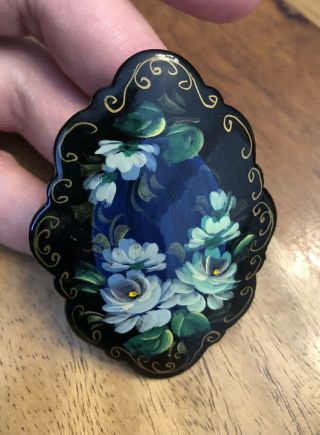 Vintage Russian Hand Painted Brooch Blue White Flowers Rare Pin