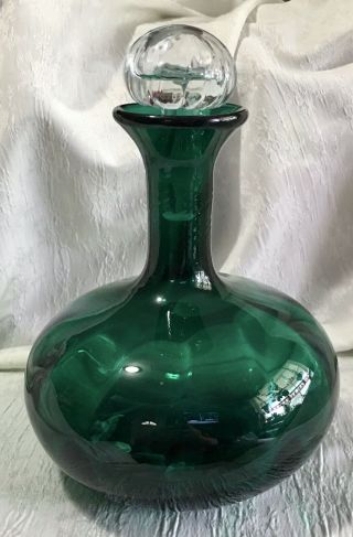 Rare Vintage 10” Blenko Hand Blown Glass Decanter Dark Emerald Green