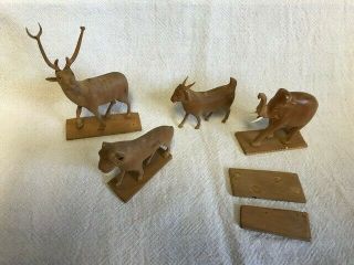4 Small Vintage Carved Wooden Animals Elephant Tiger Antelope Goat