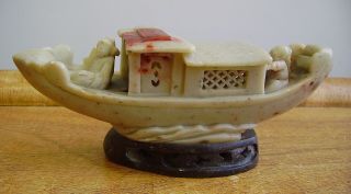 Old Vintage Hand Carved Soap Stone Chinese Boat Or Junk With Figures