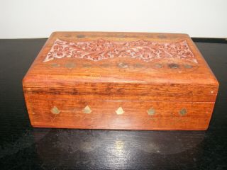 Vintage Hand Made Carved Wooden Brass Inlaid Jewellery Box