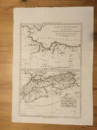 Antique Copper Engraved Map Of North Africa,  By M.  Bonne 1780