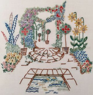 Vintage Hand Embroidered Silk Panel Cottage Garden Flowers Sunflowers No.  20