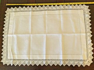 Edwardian Vintage White Irish Linen Damask Butlers Tray Cloth Crocheted Edging