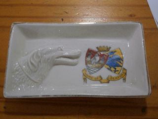 Unusual Antique Crested Ware Pin Tray Lurcher Or Borzoi Head & Arms Of Seaford