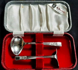 Vintage Cased De Montfort Silver Plated Baby Feeding Spoon & Food Pusher C1960