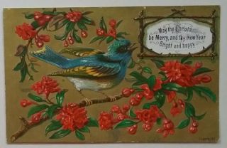 Stunning Coloured Antique Embos Victorian Christmas/new Year Card Ap 10x7cms