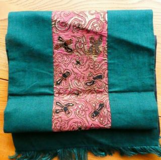 Antique Textile,  Embroidery - Birds Panel Green Linen Scarf / Cummerbund?