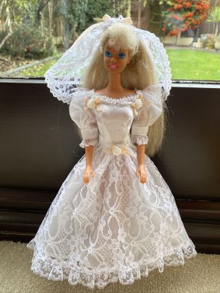 Vintage 1990s Barbie Lacy Wedding Dress And Veil
