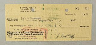 J.  Paul Getty Oil Tycoon Signed Cancelled Check Rare Autographed Auto