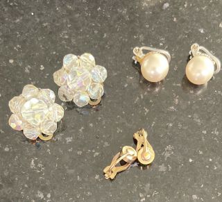 Three Pairs Vintage Clip On Earrings; Silver Pearl Glass Flower Gold Stud