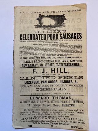 Antique Stroud Advert Hilliers Sausages Newmarket Gloucestershire 1870 (no11)