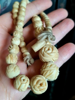 Antique Chinese Bovine Bone Carved Flower Rose Bead Necklace For Restringing