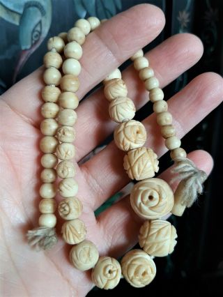 Antique Chinese Bovine Bone Carved Flower Rose Bead Necklace For Restringing 2