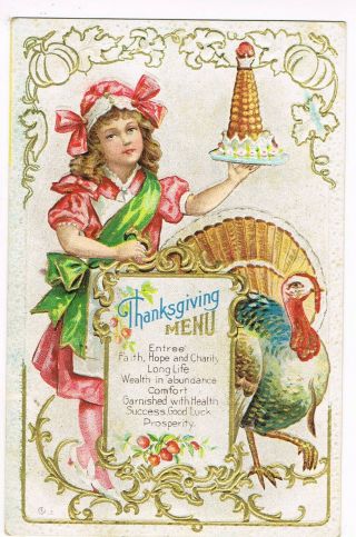 Antique Thanksgiving Postcard " Menu: Faith,  Hope,  And Charity,  Long Life "