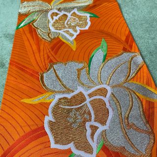 Japanese Vtg Orange Cattleya Gold Embroidery Kimono Obi Silk Fabric Brocade Rare