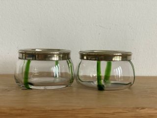 2 X Vintage Metal Rimmed Glass Salt Cellers / Pots Green Stripe Tea Light Holder