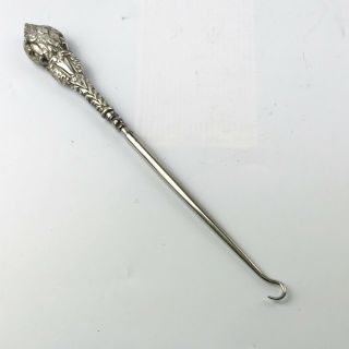 Antique Solid Silver Handled Button Hook Decorative Handle Ornate
