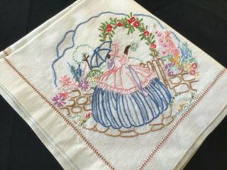 Vintage Reto Hand Embroidered Tablecloth Crinoline Ladies / Country Garden