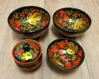 Retro Khokhloma Folk Russian Craft Ussr Handpainted Wooden 4 Bowl Set