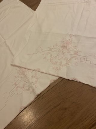 X2 Large Soft White Cotton Vintage Pillowcases Hand Embroidered With Pink Rose
