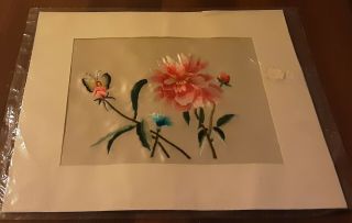 A Stunning Vintage Asian Floral Embroidered On Silk Picture Ready To Frame
