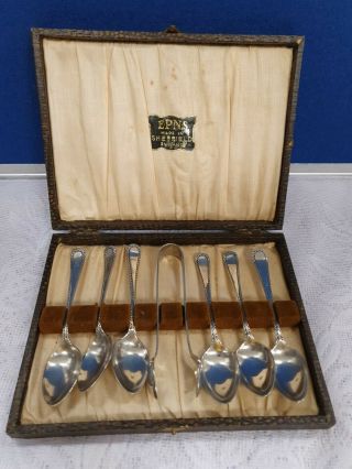 6x Antique Vintage Patterned Epns Teaspoons And Sugar Tongs Set In Case