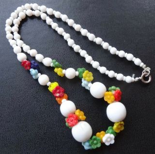 Antique Art Deco Multi Colour & White Flower Glass Bead Necklace - R249