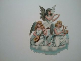 L Antique,  Emboschromo Victorian Scrap.  3 Lovely Musical Angels.  15.  5x12.  5cm