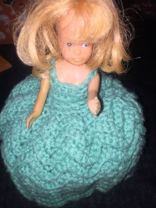 Vintage Blondehair Doll Toilet Paper Cover Crochet Green Dress Cute