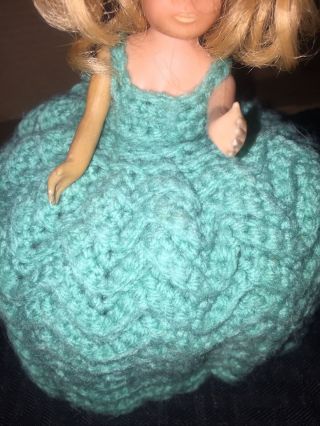 Vintage BlondeHair Doll Toilet Paper Cover Crochet Green Dress Cute 3