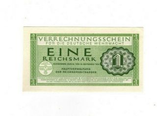 Rare 1 Reichsmark Nazi Wehrmacht Army War Note 1944 Nearly Unc Swastika
