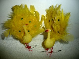 2 Rare Vintage Yellow Peacocks Flocked Feather Sequence Ornaments