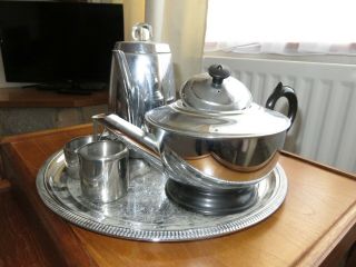 Silver Coffee Percolator And China Insulated Tea Pot Set With Silver Tray