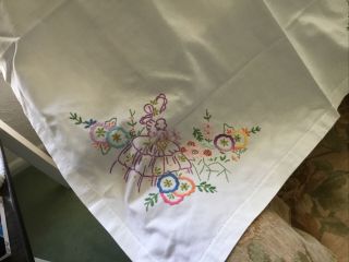 Vintage Crinoline Lady Embroidered Table Cloth VGC 2