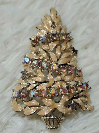 Rare Vintage Signed Tc Stars & Ab Rhinestone Garland Christmas Tree Pin Brooch