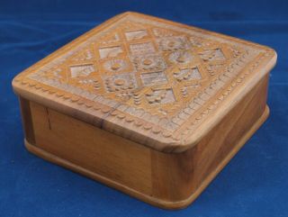 Square Wooden Box With Carved Flower Pattern