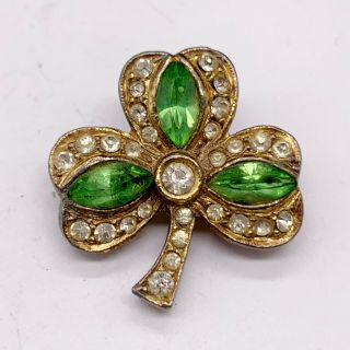 Antique Art Deco Peridot Green Glass Paste Lucky 3 Leaf Clover Ladies Pin Brooch