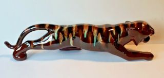 Rare Vintage Mid Century Brown Striped Ceramic Drip Glaze Stalking Panther 22”