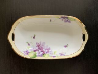 Antique Hand Painted Nippon Oval Two Handles Dish Purple Violets Gold Trim 7 "