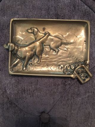Art Nouveau Brass Coins Dish Pin Cart Tray Ashtray Whit Hunting Dogs
