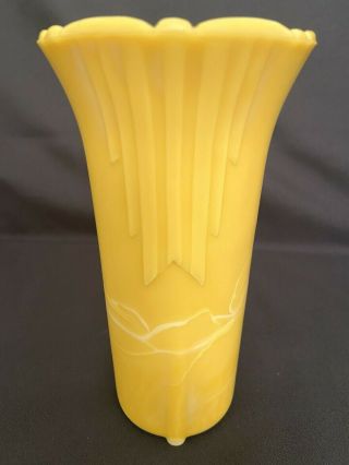 Rare Vintage Akro Agate Art Deco Yellow Vase With White Marbling Marked On Base